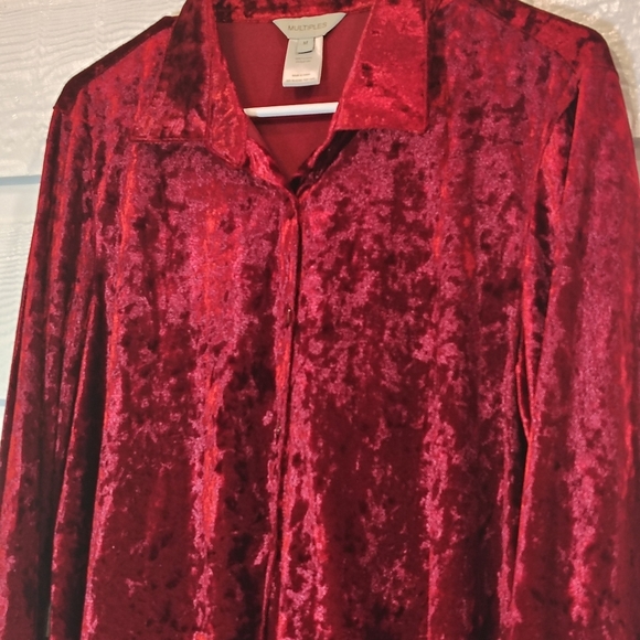 Multiples Blouse Women's Medium Crushed Cranberry Red Velvet Button Up 90s Y2K - Picture 2 of 8